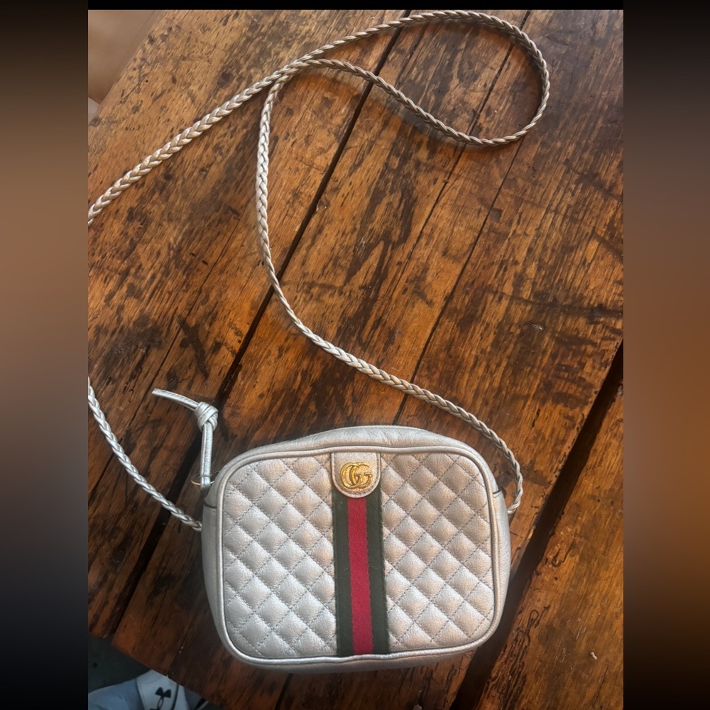 Gucci Silver Quilted Crossbody Bag with Gold Accent
